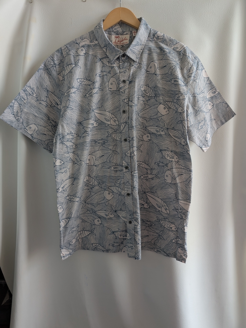 Kahala Hawaiian Camp Shirt Blue Fish Print - XL